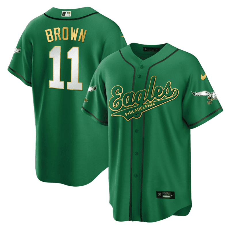 a j brown 11 philadelphia eagles baseball men jersey kelly gold trim