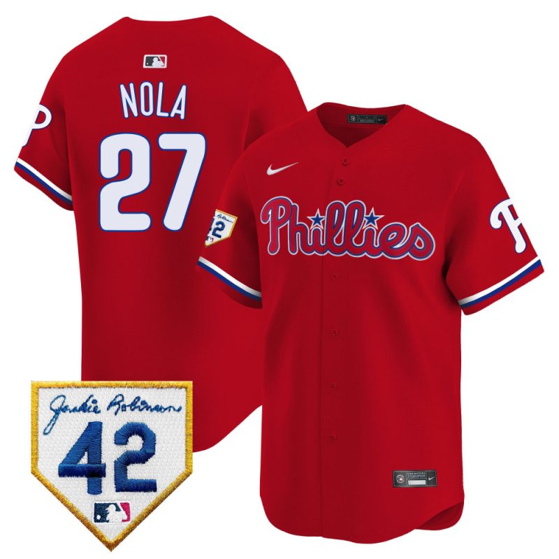 aaron nola 27 philadelphia phillies 2024 jackie robinson patch men jersey red