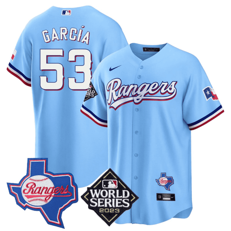 adolis garcia 53 texas rangers 2023 world series texas state patch men jersey blue