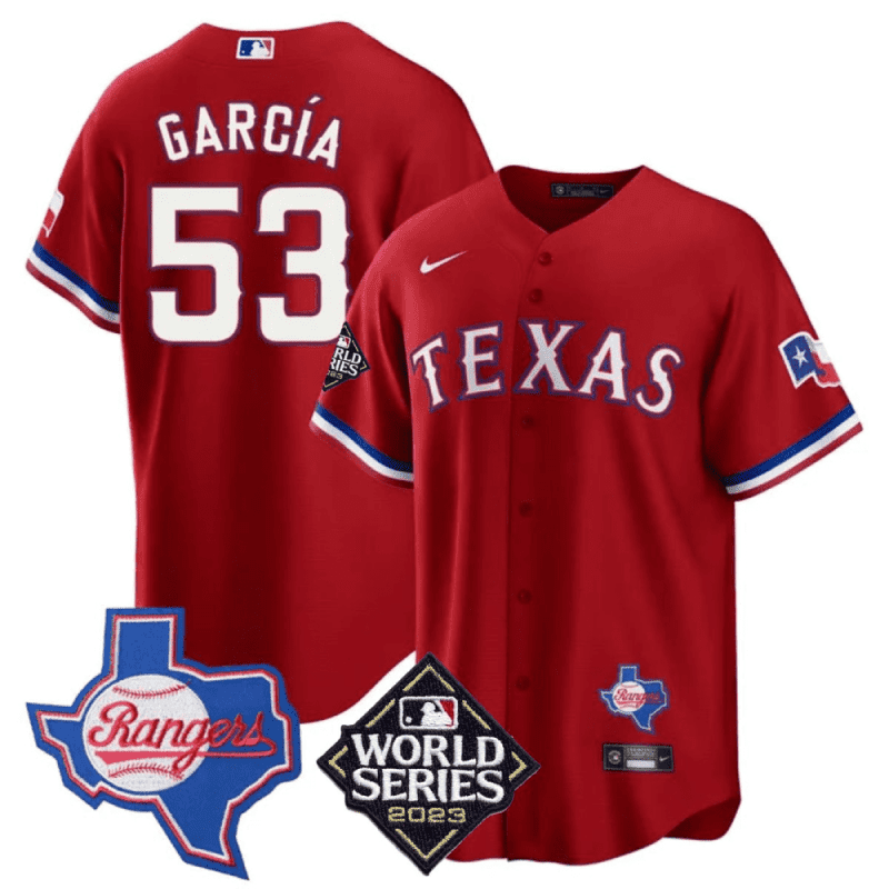 adolis garcia 53 texas rangers 2023 world series texas state patch men jersey red