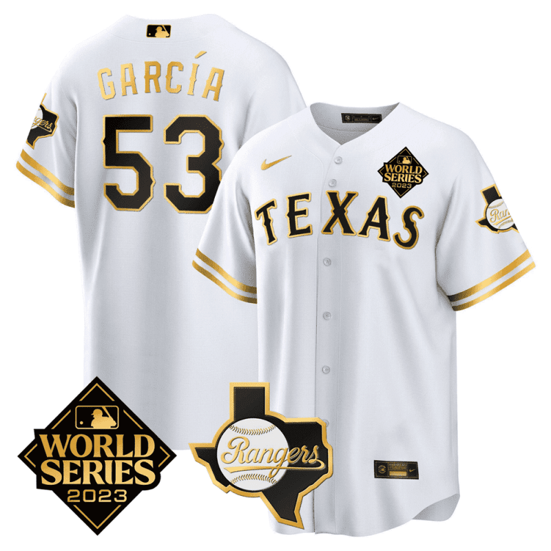 adolis garcia 53 texas rangers 2023 world series texas state patch men jersey white gold