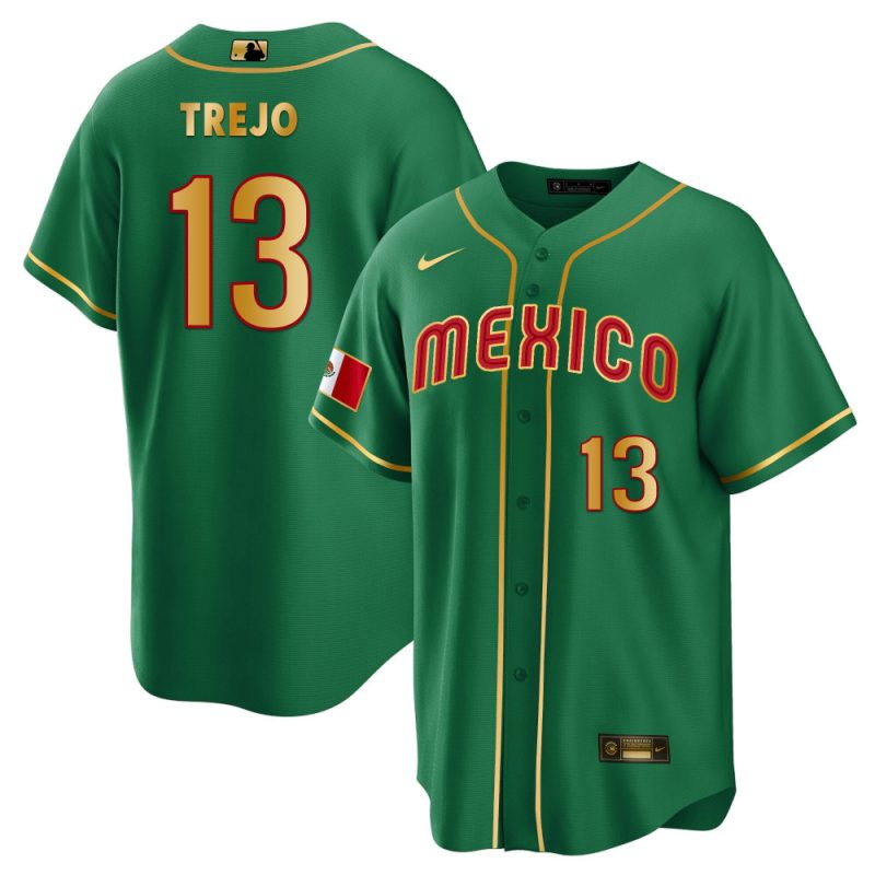 alan trejo 13 mexico 2023 baseball men jersey green gold