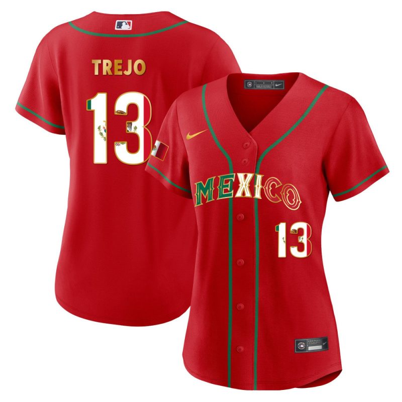 alan trejo 13 mexico 2023 flag baseball jersey red gold