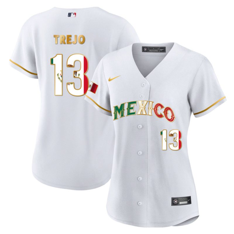 alan trejo 13 mexico 2023 flag baseball jersey white gold