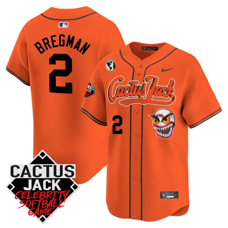 alex bregman 2 houston astros cactus jack celebrity softball game patch men jersey orange