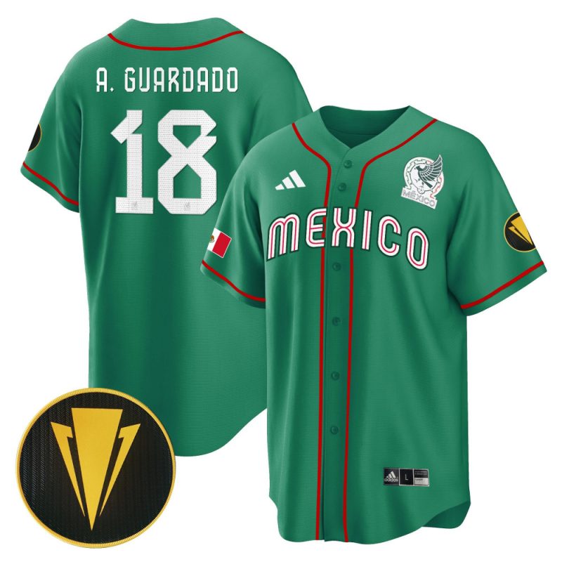 andres guardado 18 mexico national 2023 gold cup champions baseball men jersey green