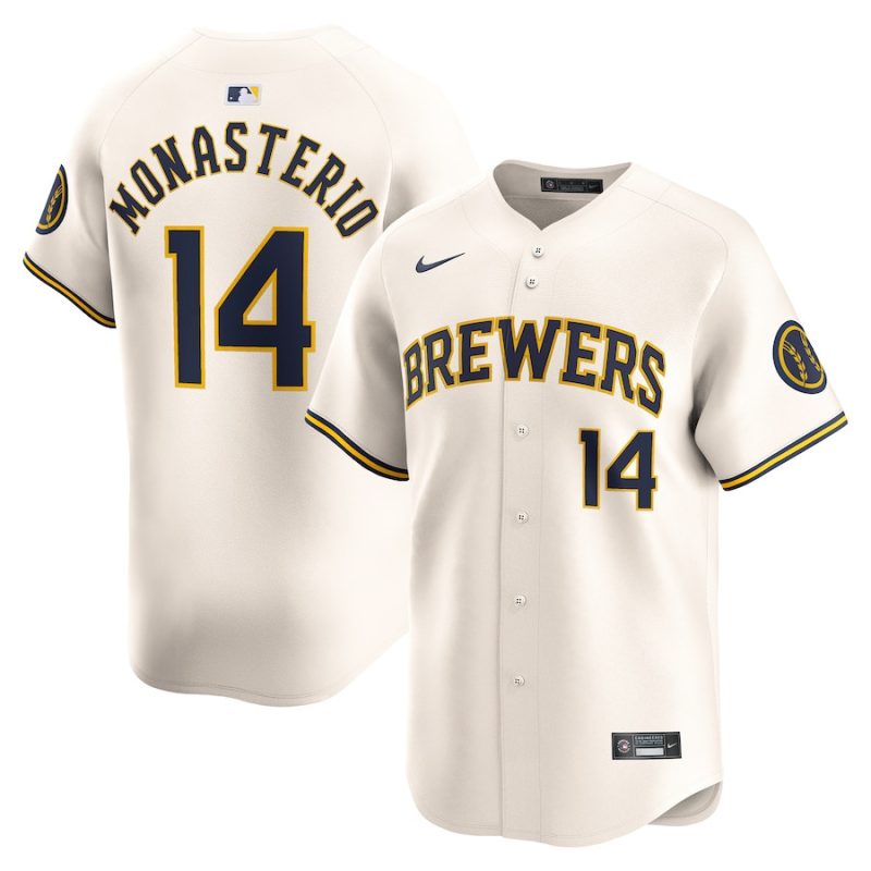 andruw monasterio 14 milwaukee brewers home limited player men jersey cream