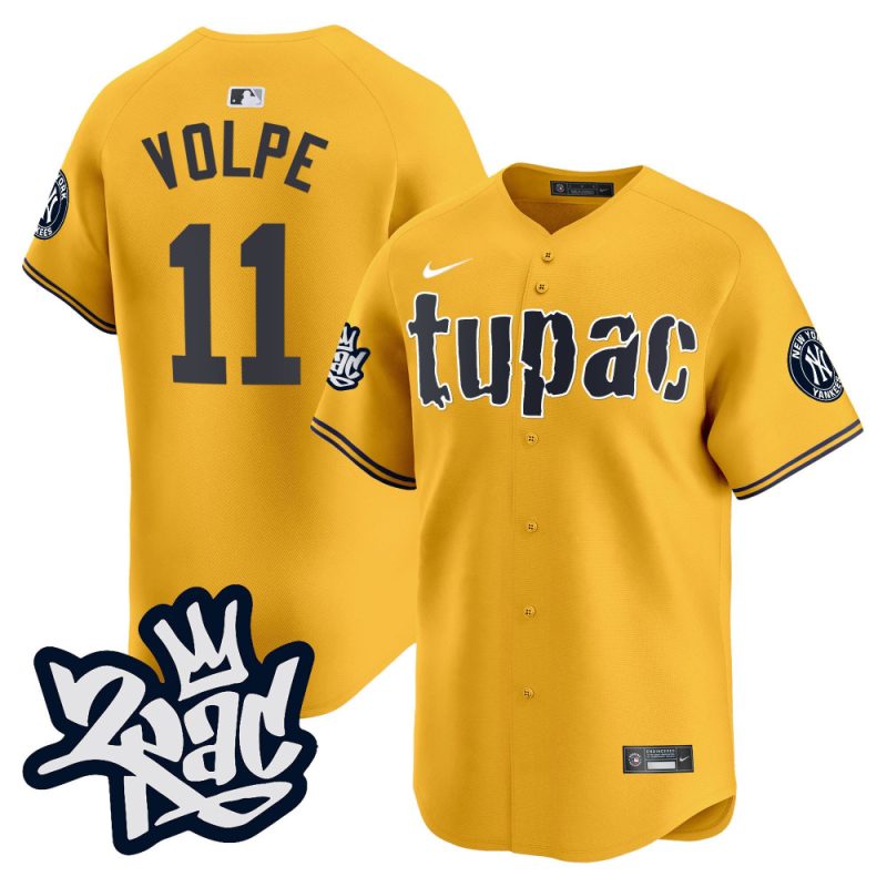 anthony volpe 11 new york yankees tupac shakur men jersey gold