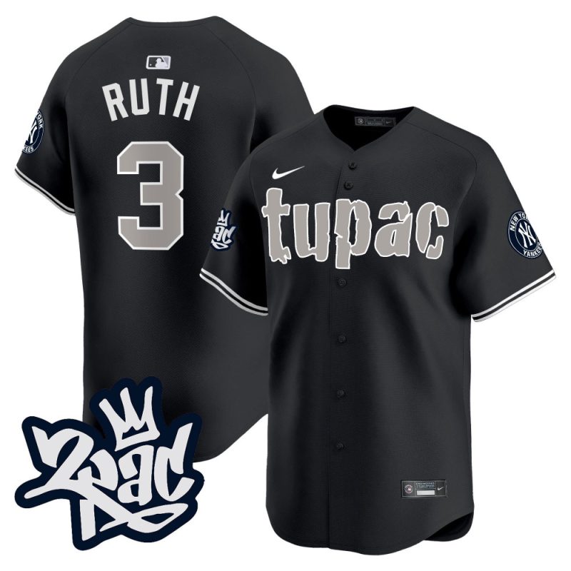 babe ruth 3 new york yankees tupac shakur men jersey black