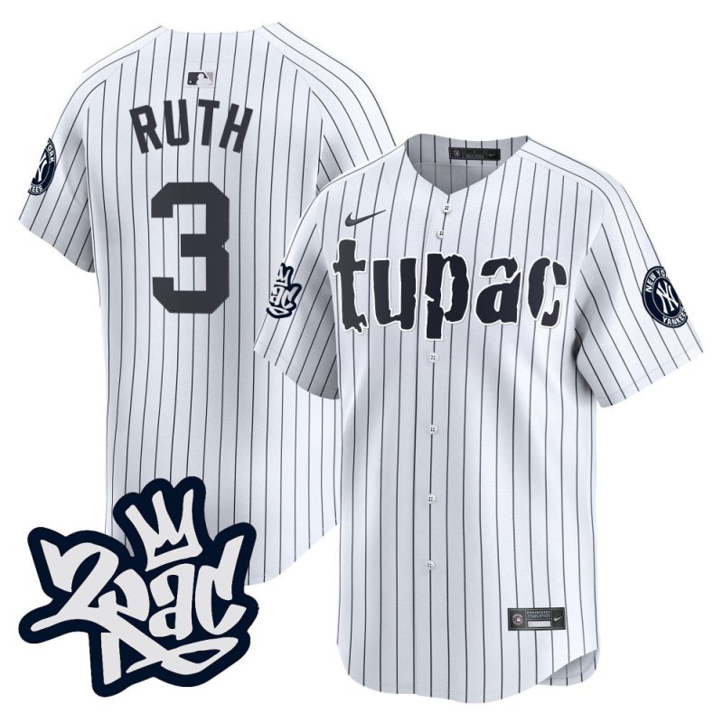 babe ruth 3 new york yankees tupac shakur men jersey white