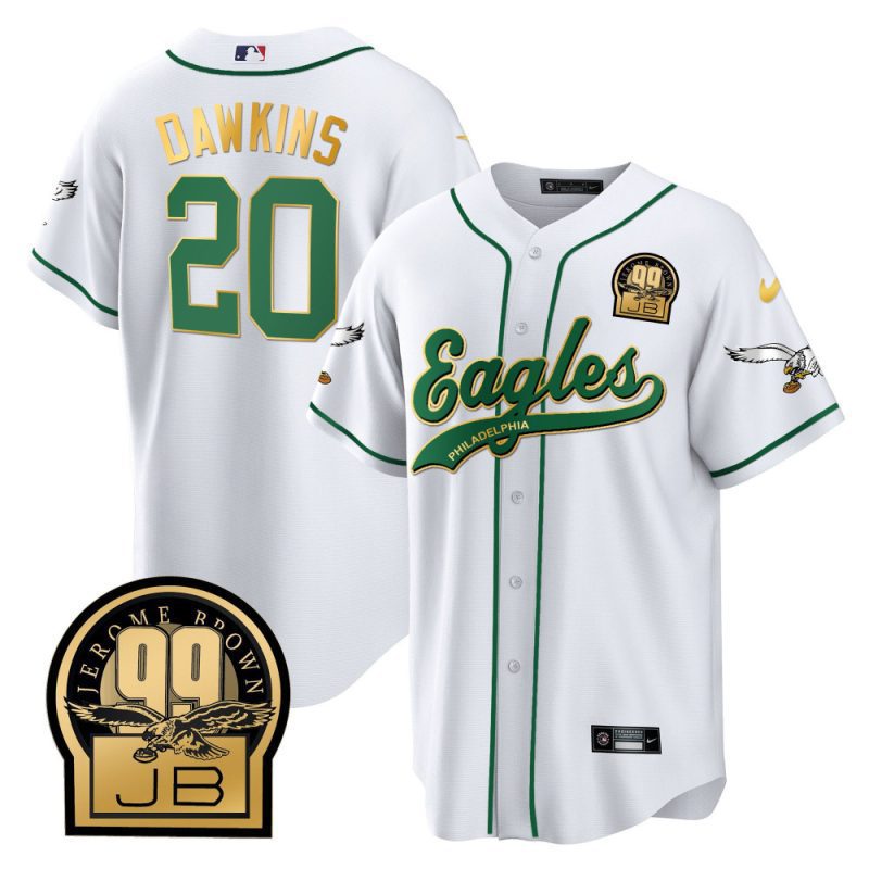 brian dawkins 20 philadelphia eagles jerome brown retired patch baseball men jersey white gold trim