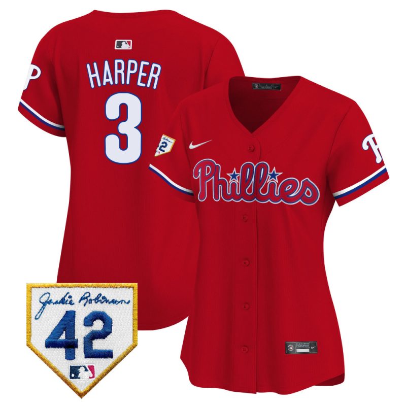 bryce harper 3 philadelphia phillies 2024 jackie robinson patch women jersey red