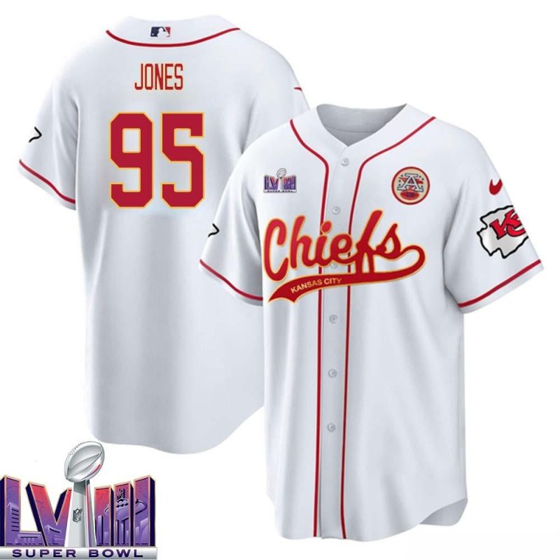 chris jones 95 kansas city chiefs super bowl lviii baseball men jersey white