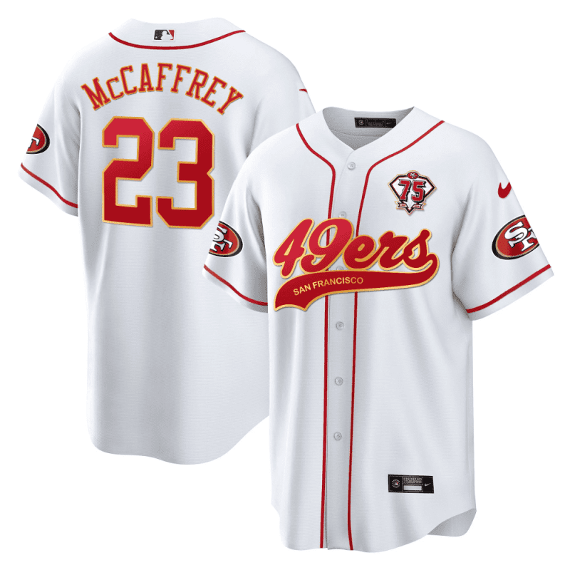 christian mccaffrey 23 san francisco 49ers baseball men jersey white