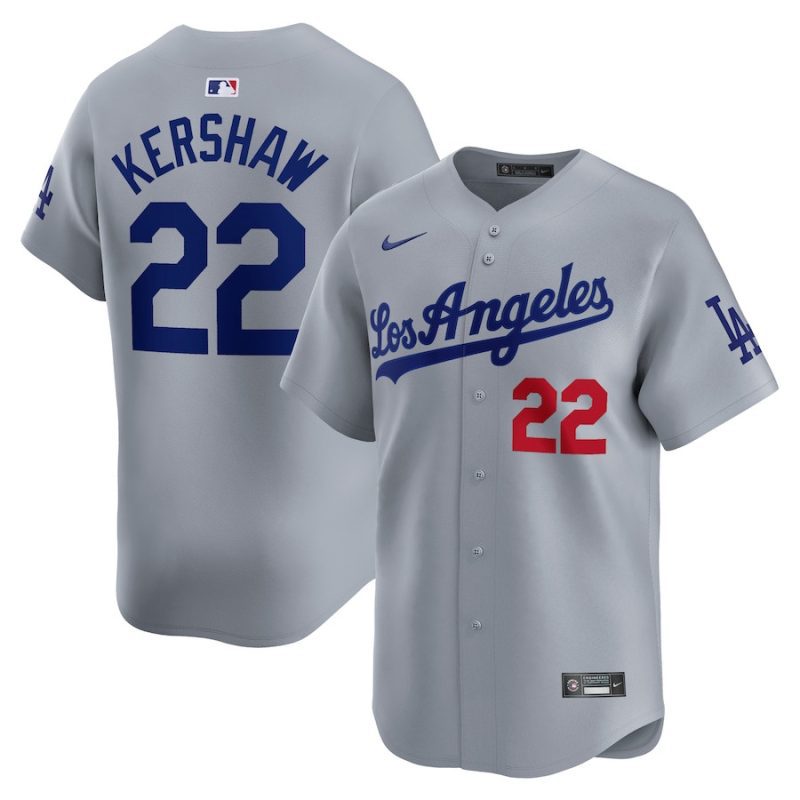 clayton kershaw 22 los angeles dodgers away limited men jersey gray