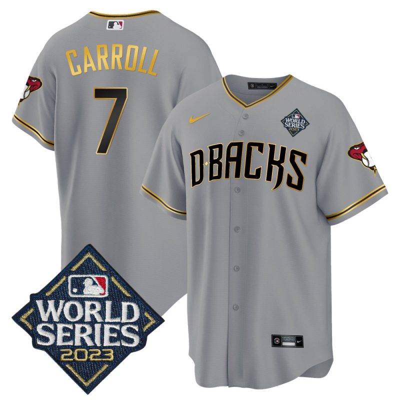 corbin carroll 7 arizona diamondbacks 2023 world series men jersey gray gold