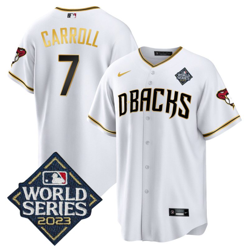 corbin carroll 7 arizona diamondbacks 2023 world series men jersey white gold