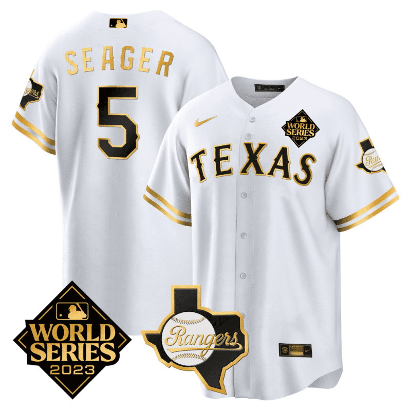 corey seager 5 texas rangers 2023 world series texas state patch men jersey white gold