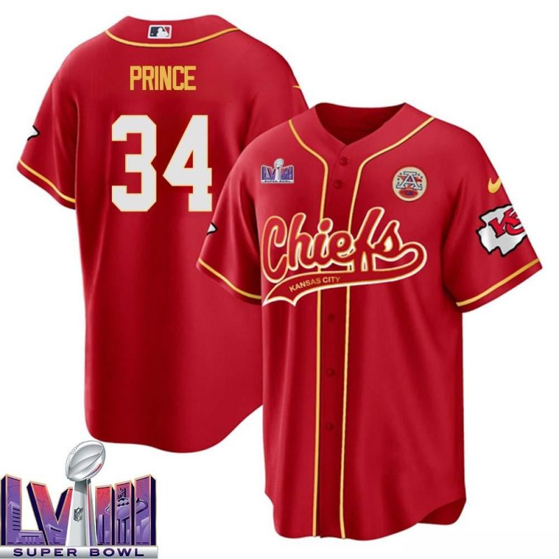 deneric prince 34 kansas city chiefs super bowl lviii baseball men jersey red