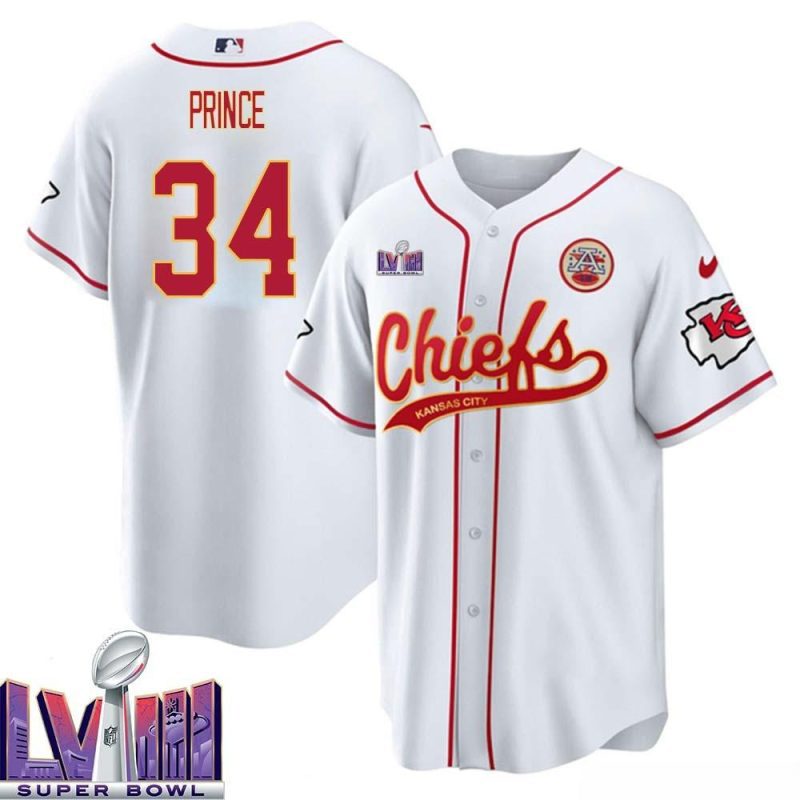 deneric prince 34 kansas city chiefs super bowl lviii baseball men jersey white