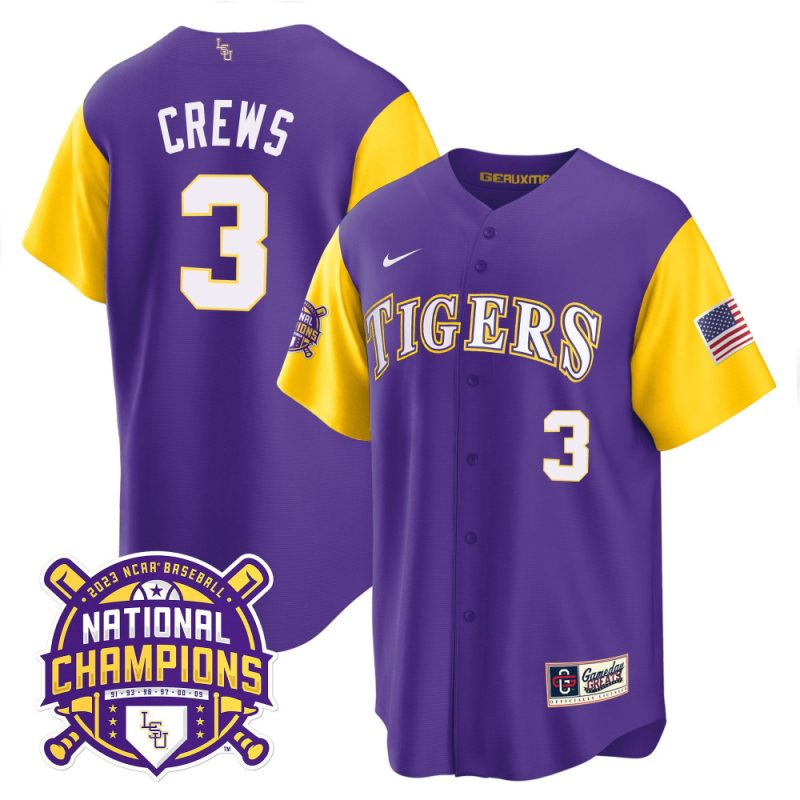 dylan crews 3 lsu tigers 2023 color sleeves champions baseball men jersey purple sleeves