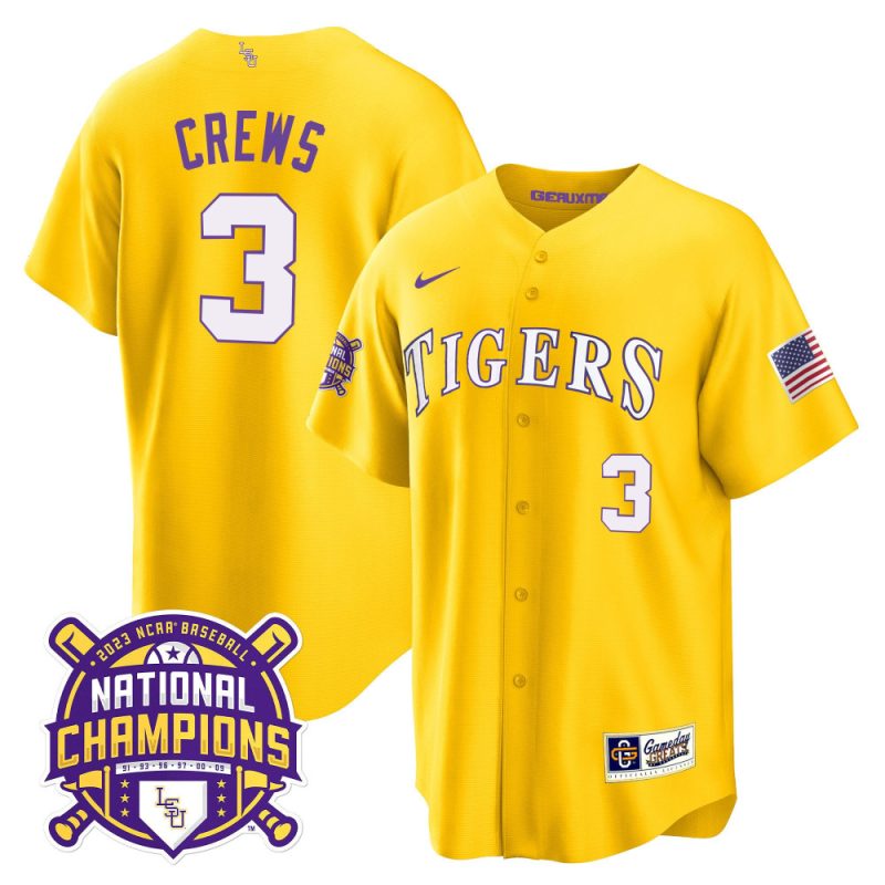 dylan crews 3 lsu tigers 2023 national champions baseball men jersey gold