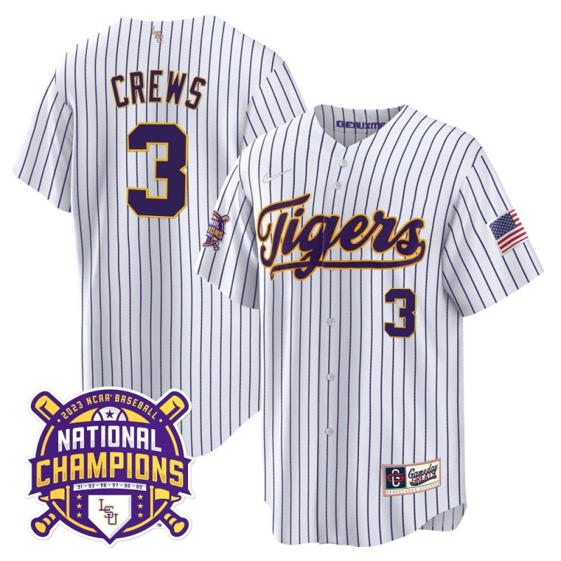 dylan crews 3 lsu tigers 2023 national champions baseball men jersey pinstripe