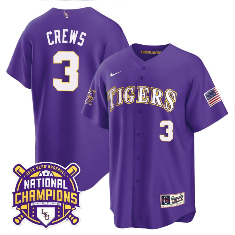 dylan crews 3 lsu tigers 2023 national champions baseball men jersey purple