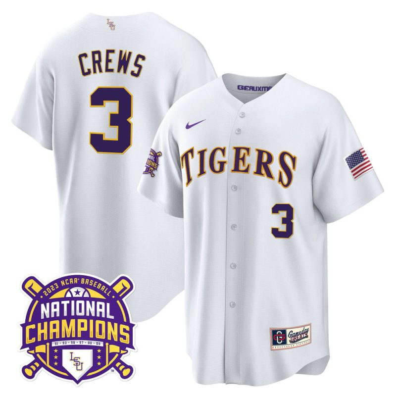 dylan crews 3 lsu tigers 2023 national champions baseball men jersey white