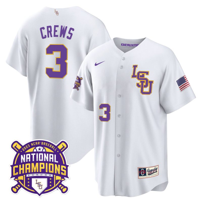 dylan crews 3 lsu tigers 2023 national champions baseball men jersey white lsu