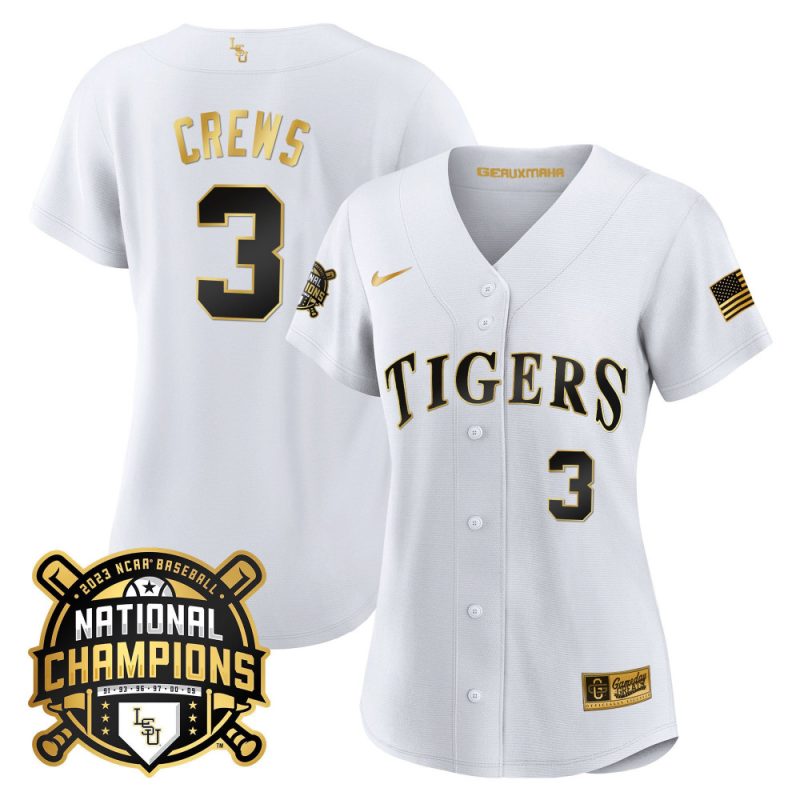 dylan crews 3 lsu tigers 2023 national champions baseball women jersey white gold