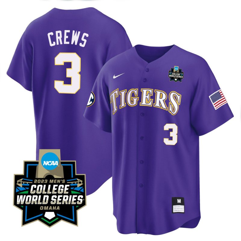 dylan crews 3 lsu tigers college world series baseball men jersey purple