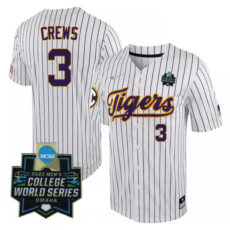 dylan crews 3 lsu tigers college world series baseball men jersey white pinstripe