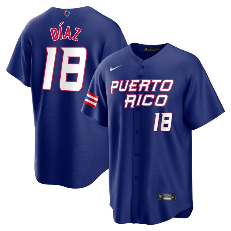 edwin diaz 18 puerto rico 2023 world baseball classic baseball men jersey royal