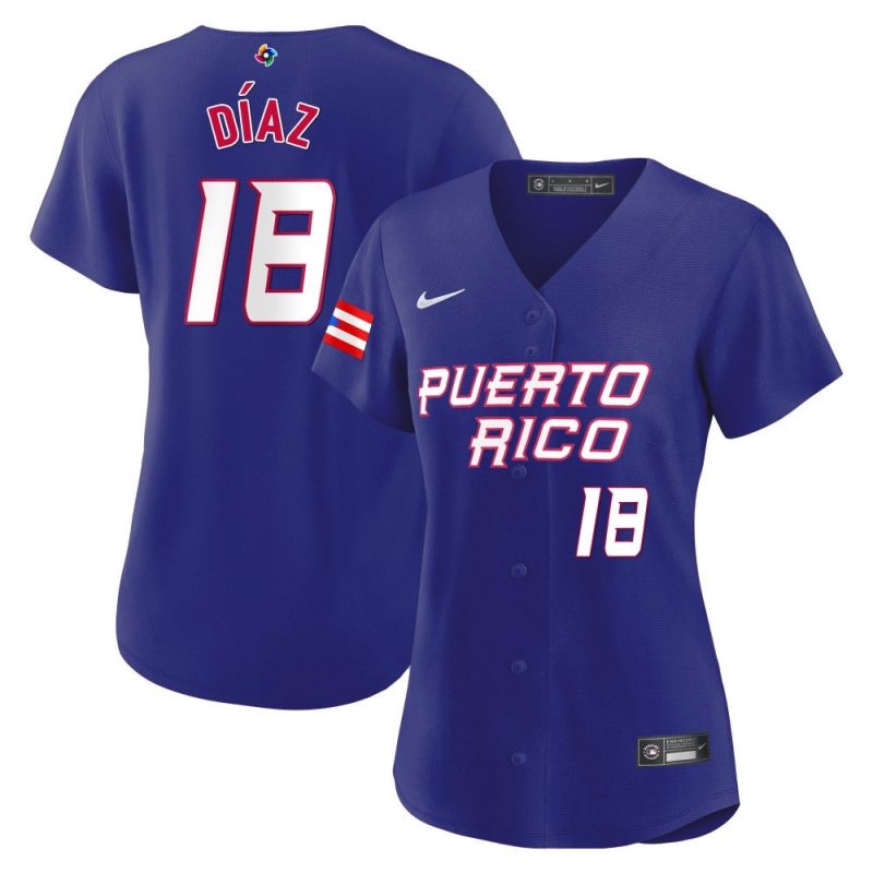 edwin diaz 18 puerto rico 2023 world baseball classic baseball women jersey royal