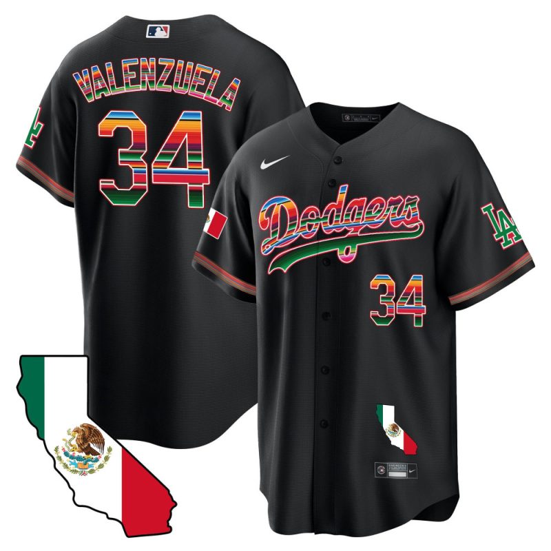 fernando valenzuela 34 los angeles dodgers mexico california map baseball men jersey black