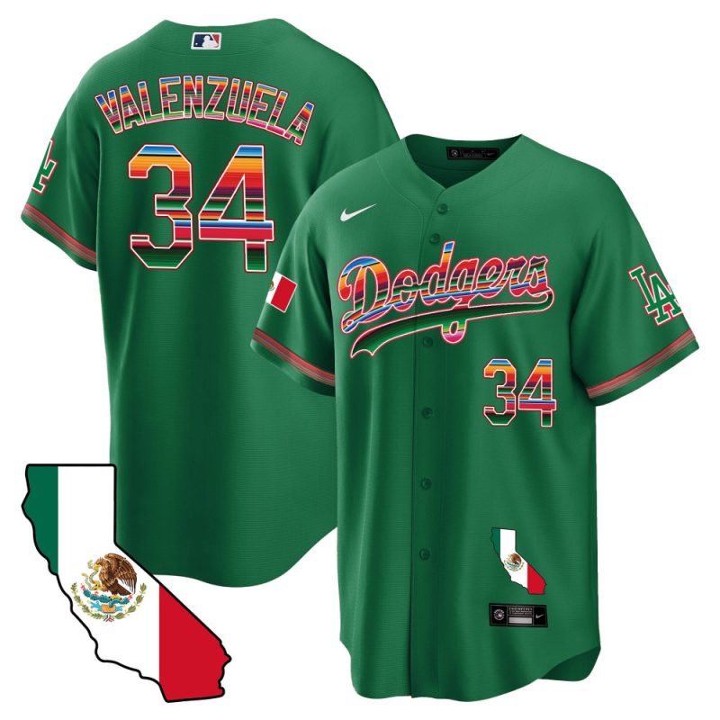 fernando valenzuela 34 los angeles dodgers mexico california map baseball men jersey green