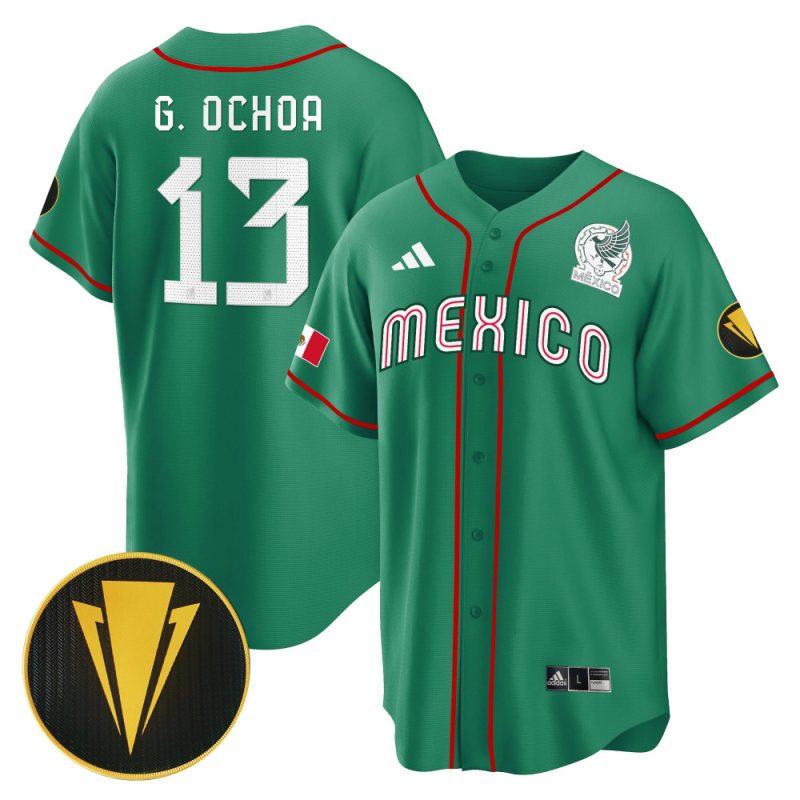 guillermo ochoa 13 mexico national 2023 gold cup champions baseball men jersey green