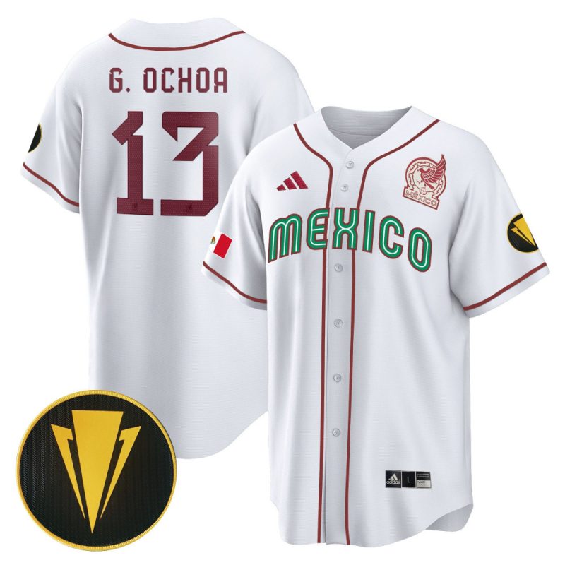 guillermo ochoa 13 mexico national 2023 gold cup champions baseball men jersey white