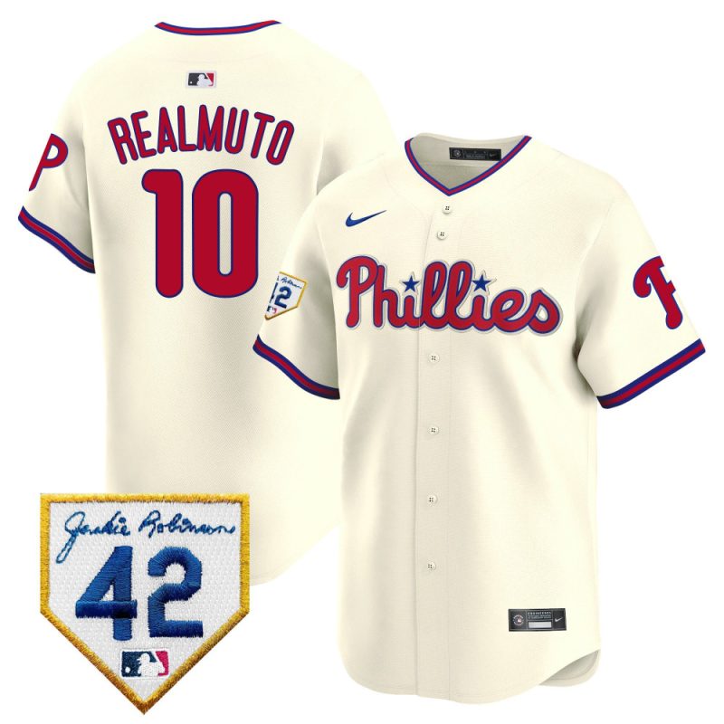 j t realmuto 10 philadelphia phillies 2024 jackie robinson patch men jersey cream