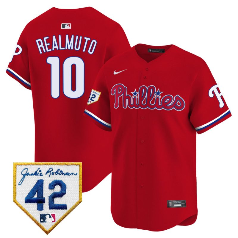 j t realmuto 10 philadelphia phillies 2024 jackie robinson patch men jersey red