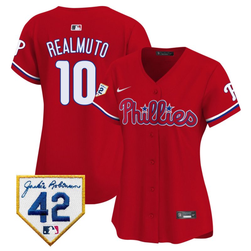 j t realmuto 10 philadelphia phillies 2024 jackie robinson patch women jersey red