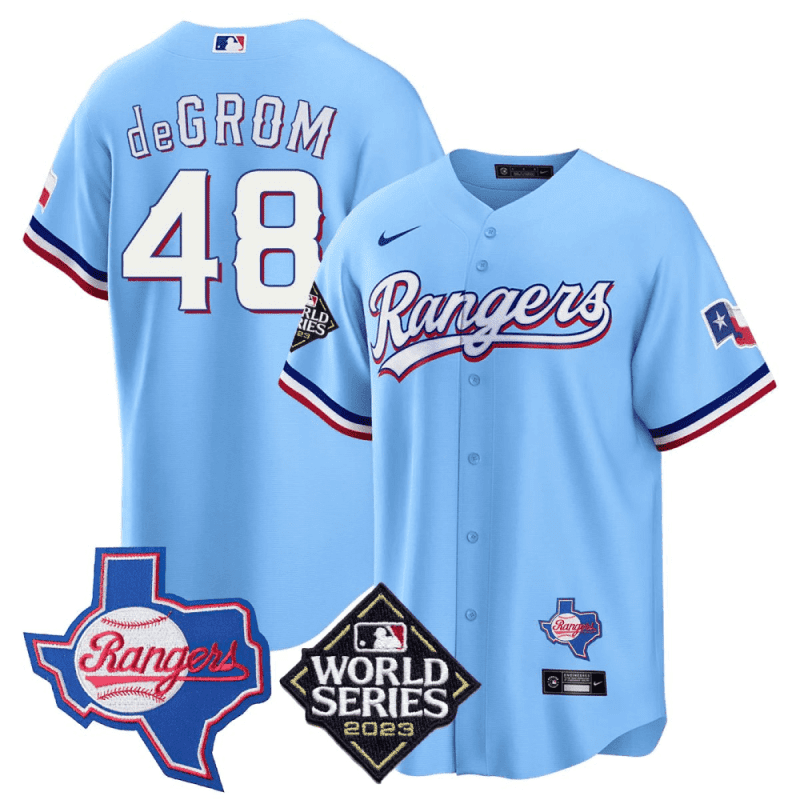 jacob degrom 48 texas rangers 2023 world series texas state patch men jersey blue