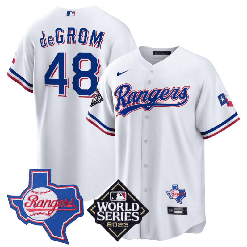 jacob degrom 48 texas rangers 2023 world series texas state patch men jersey white