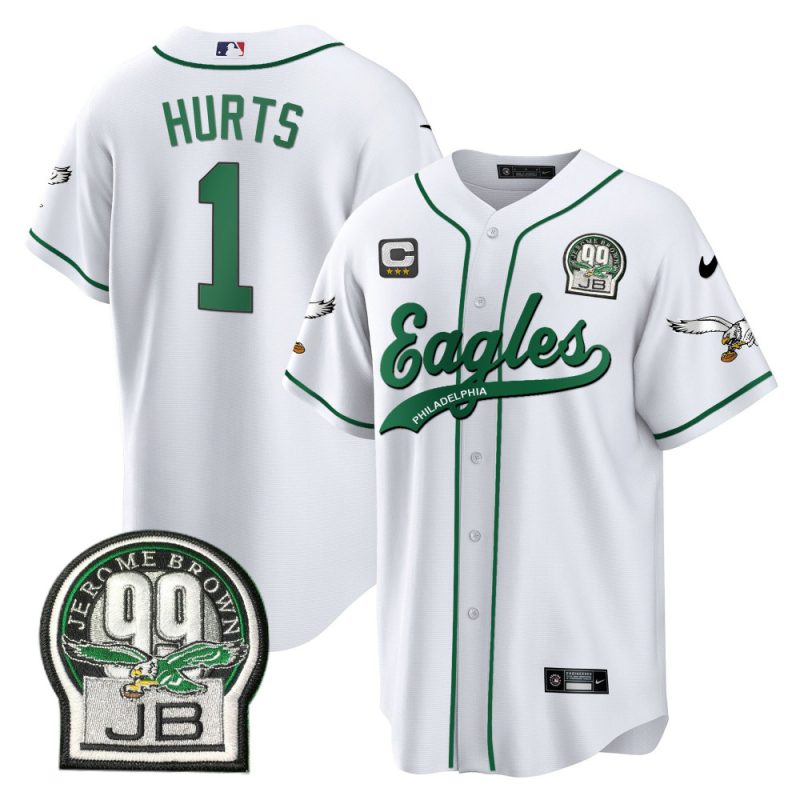 jalen hurts 1 philadelphia eagles jerome brown retired patch baseball men jersey white