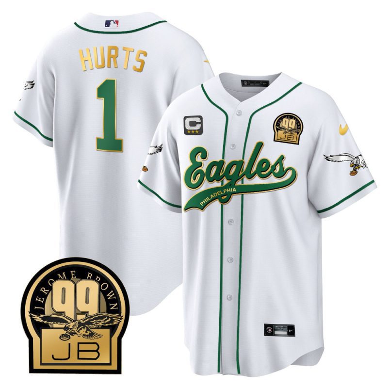 jalen hurts 1 philadelphia eagles jerome brown retired patch baseball men jersey white gold trim