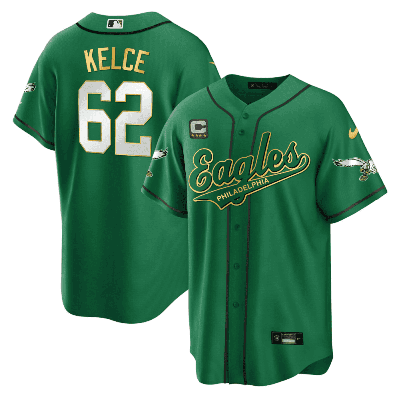 jason kelce 62 philadelphia eagles baseball men jersey kelly gold trim