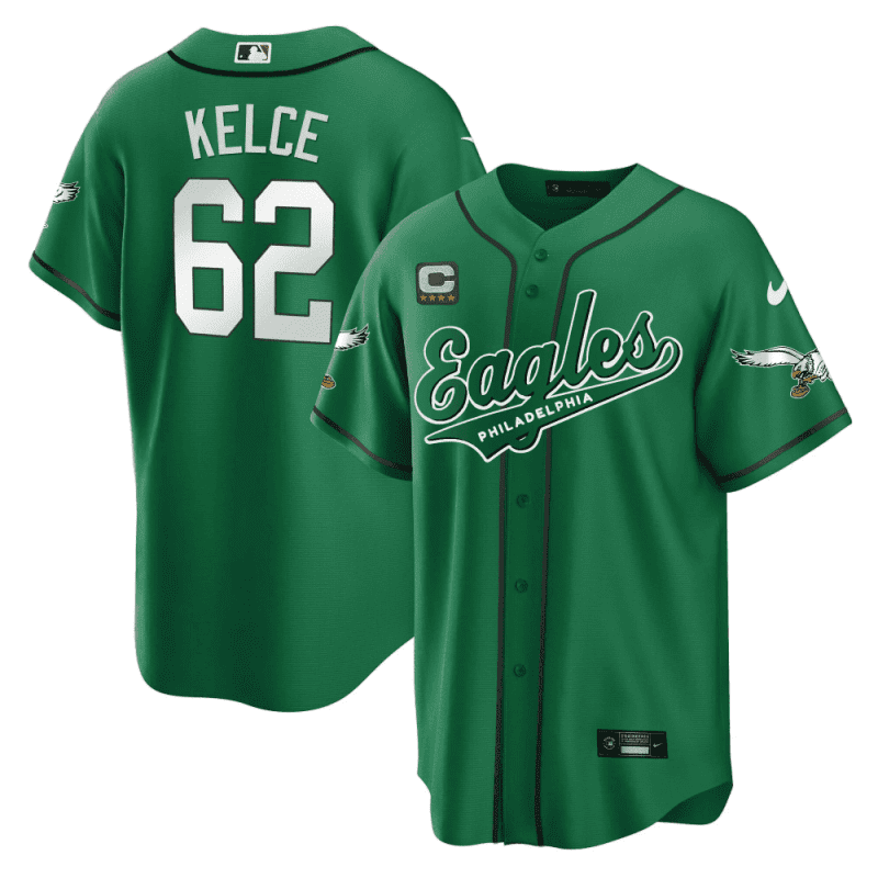 jason kelce 62 philadelphia eagles baseball men jersey kelly green