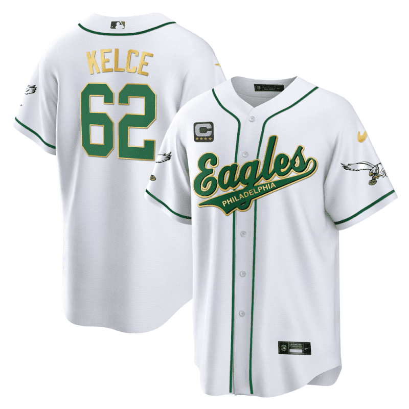 jason kelce 62 philadelphia eagles baseball men jersey white gold trim