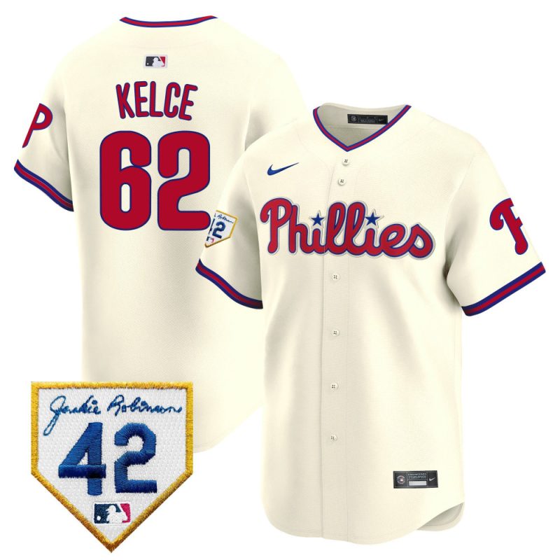 jason kelce 62 philadelphia phillies 2024 jackie robinson patch men jersey cream